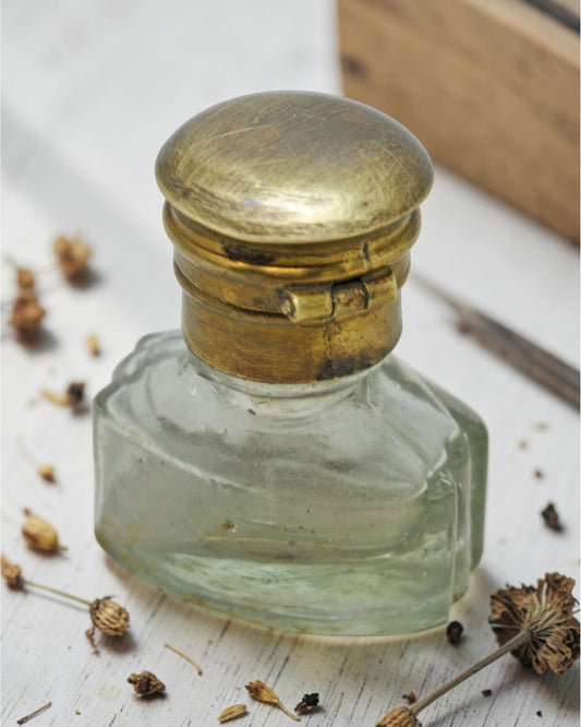 Antique Glass Small Perfume Bottle Original Old Hand Crafted Brass Cap