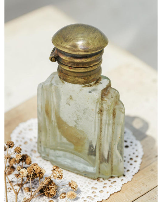 Antique Glass Small Perfume Bottle Original Old Hand Crafted Brass Cap