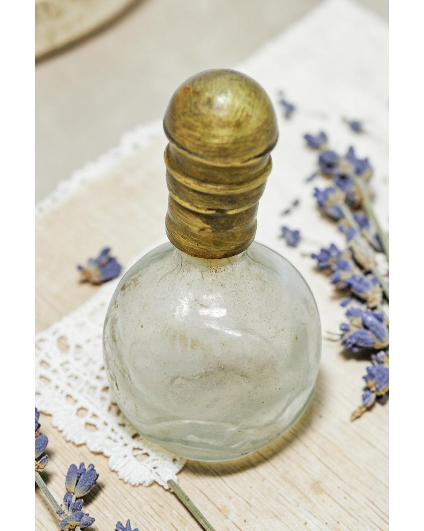 Antique Glass Small Perfume Bottle Original Old Hand Crafted Brass Cap