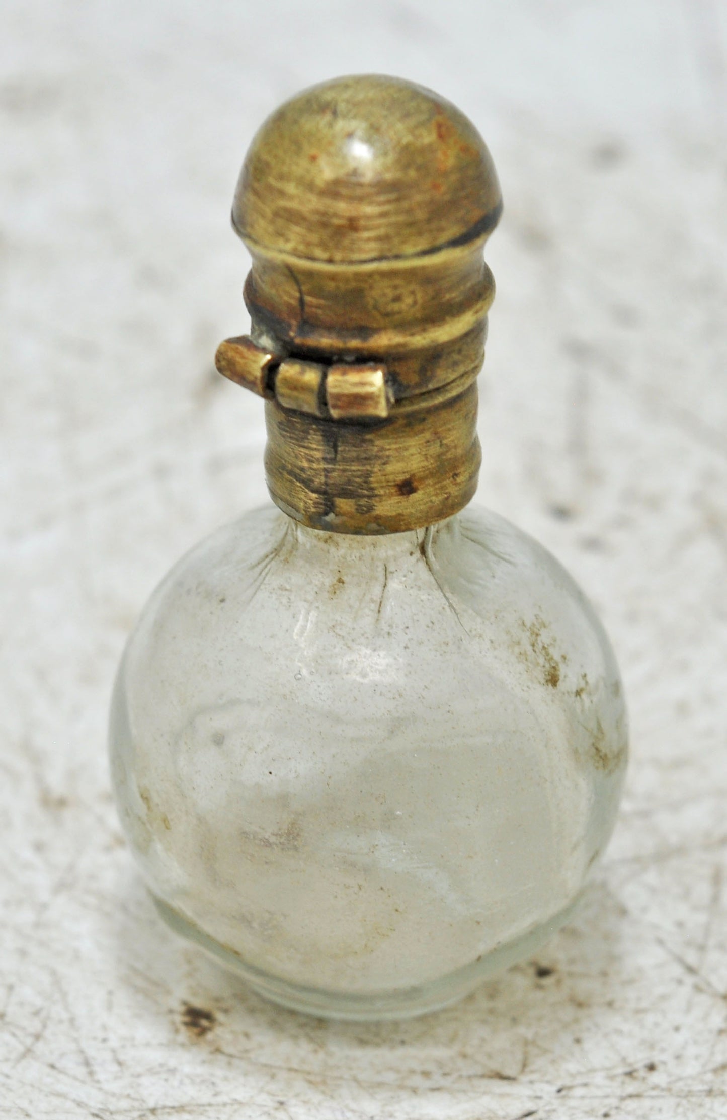 Antique Glass Small Perfume Bottle Original Old Hand Crafted Brass Cap