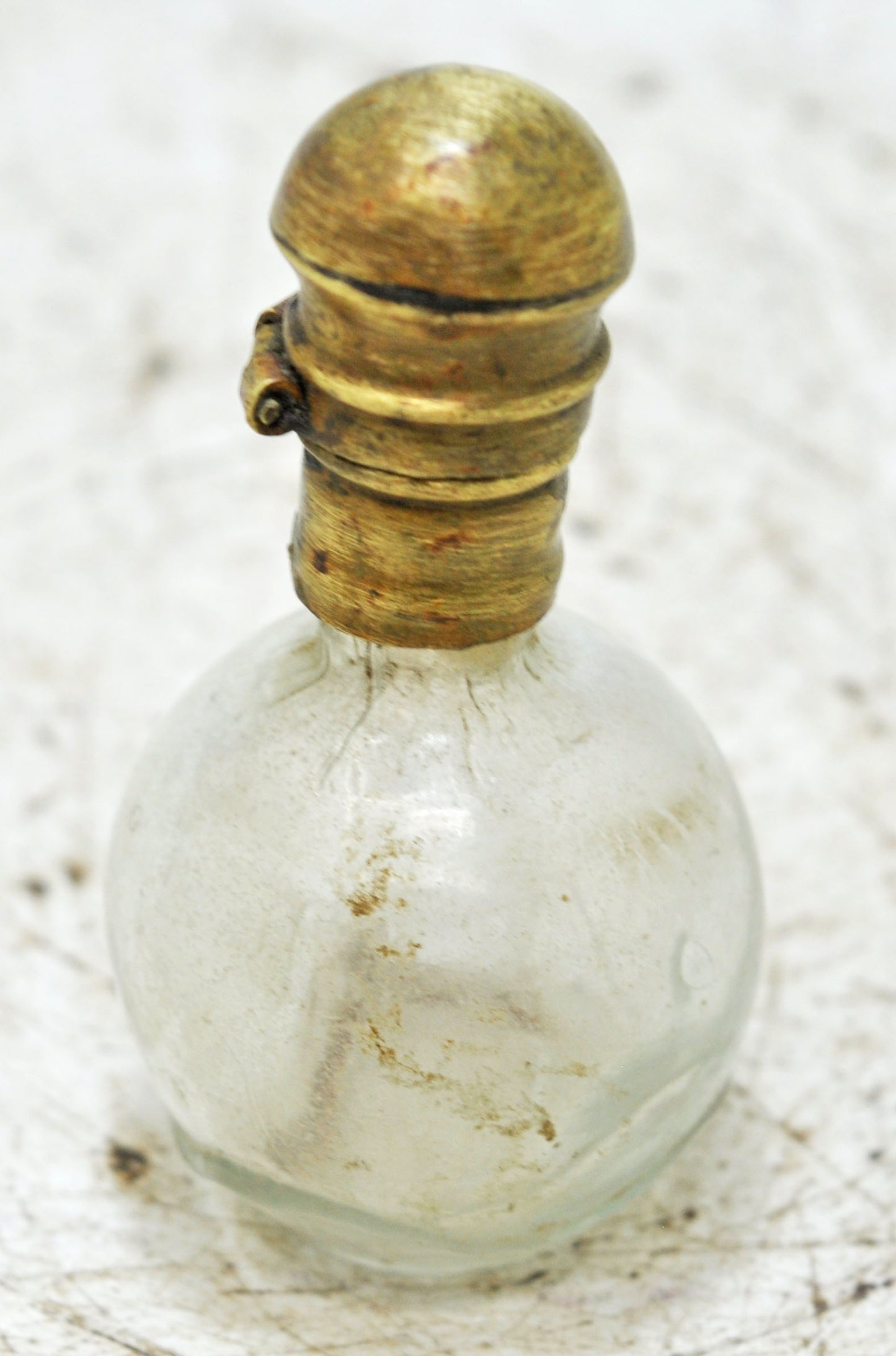 Antique Glass Small Perfume Bottle Original Old Hand Crafted Brass Cap