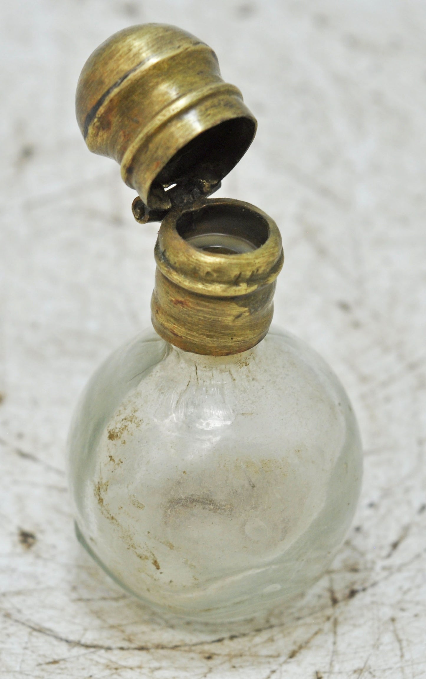 Antique Glass Small Perfume Bottle Original Old Hand Crafted Brass Cap