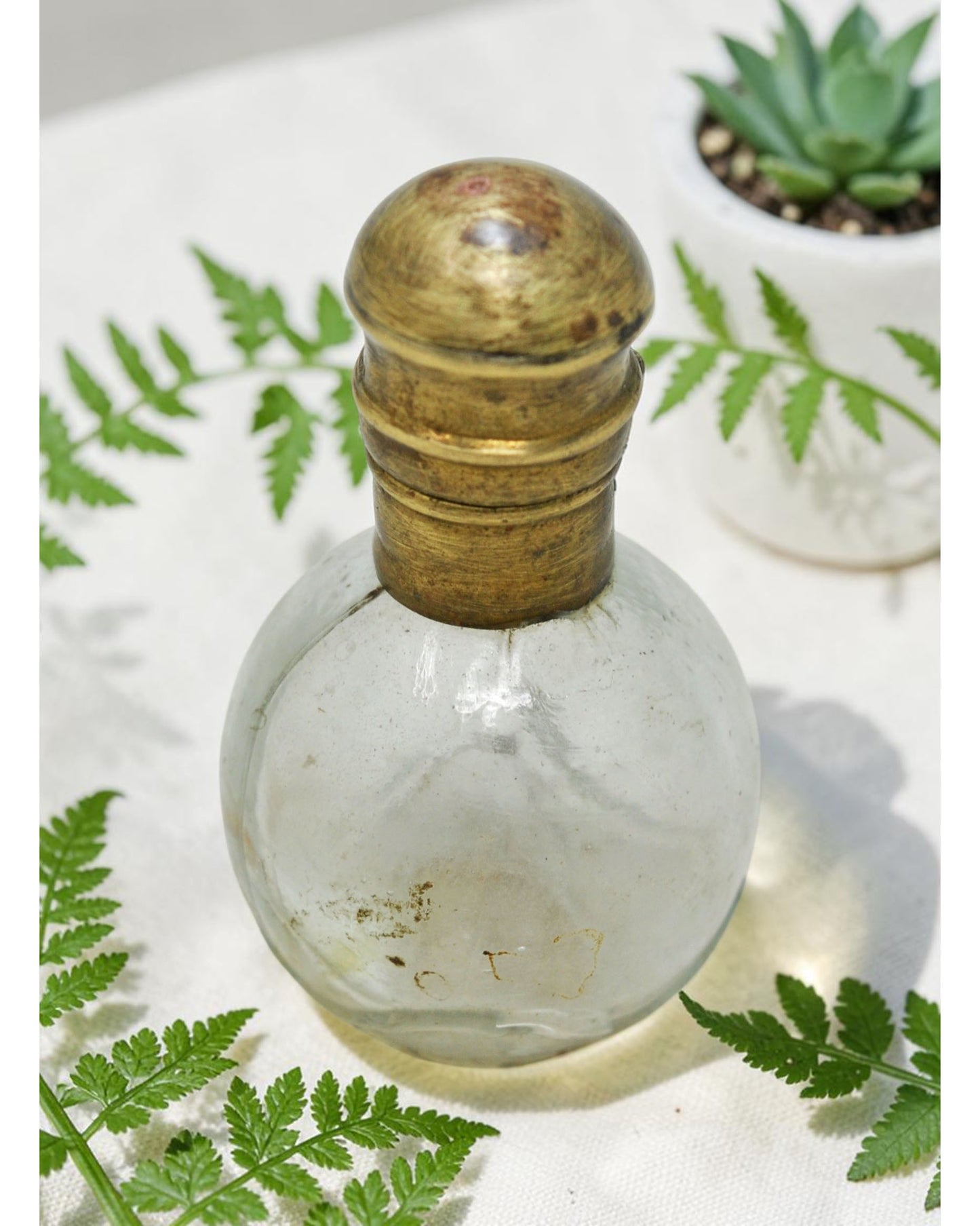 Antique Glass Small Perfume Bottle Original Old Hand Crafted Brass Cap
