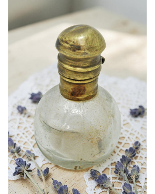 Antique Glass Small Perfume Bottle Original Old Hand Crafted Brass Cap