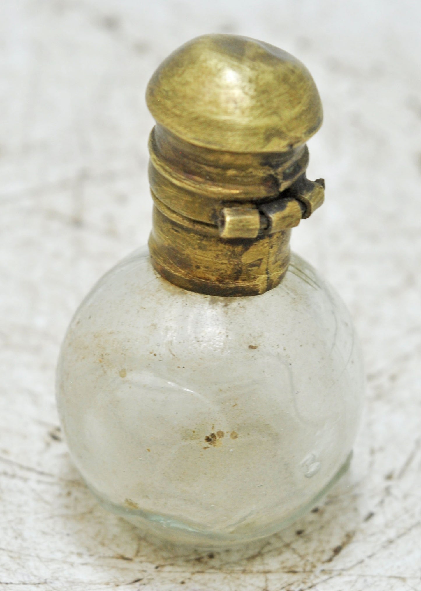 Antique Glass Small Perfume Bottle Original Old Hand Crafted Brass Cap