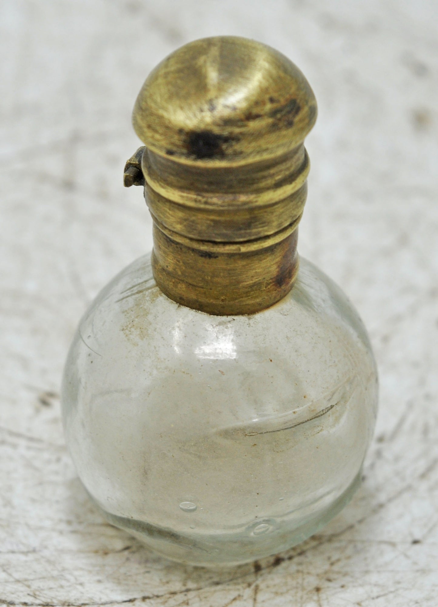 Antique Glass Small Perfume Bottle Original Old Hand Crafted Brass Cap