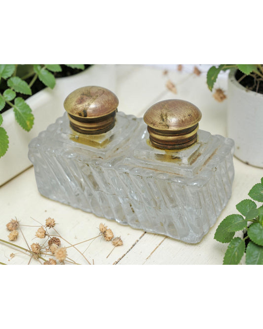 Antique Glass Double Ink Well Pot Original Old Hand Crafted Brass Cup