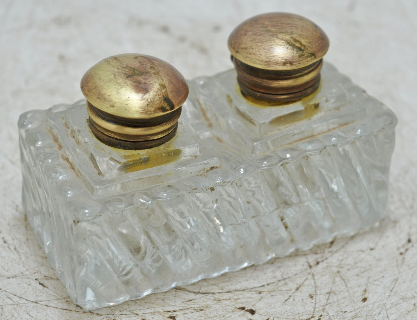 Antique Glass Double Ink Well Pot Original Old Hand Crafted Brass Cup