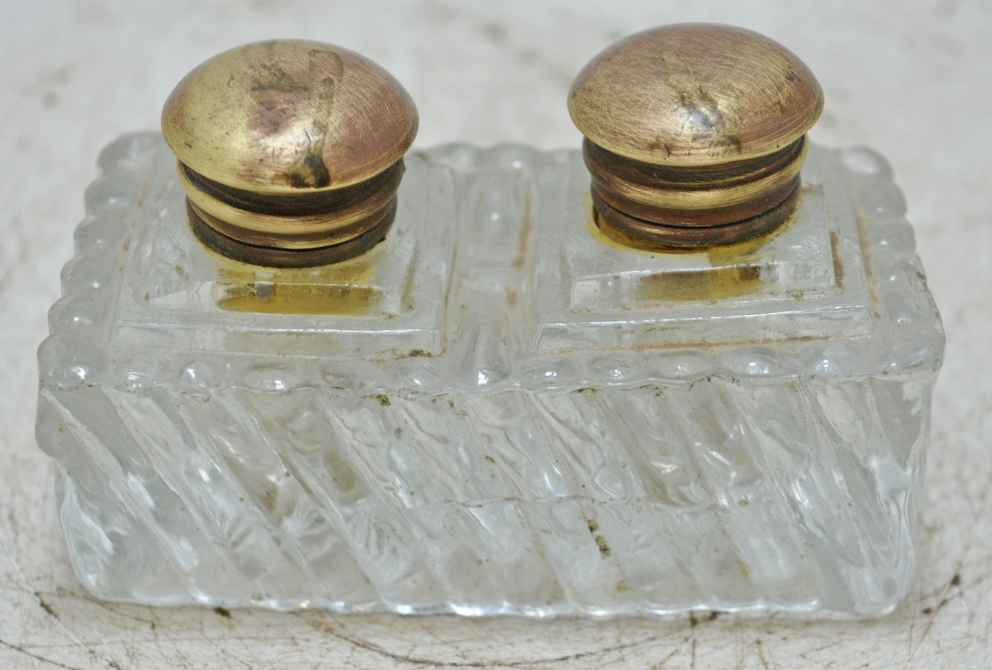Antique Glass Double Ink Well Pot Original Old Hand Crafted Brass Cup