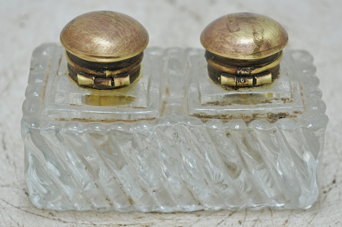 Antique Glass Double Ink Well Pot Original Old Hand Crafted Brass Cup