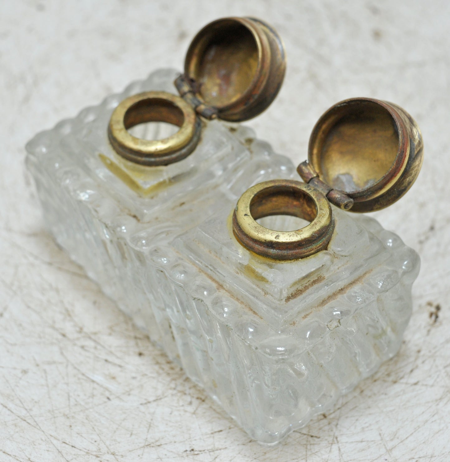 Antique Glass Double Ink Well Pot Original Old Hand Crafted Brass Cup
