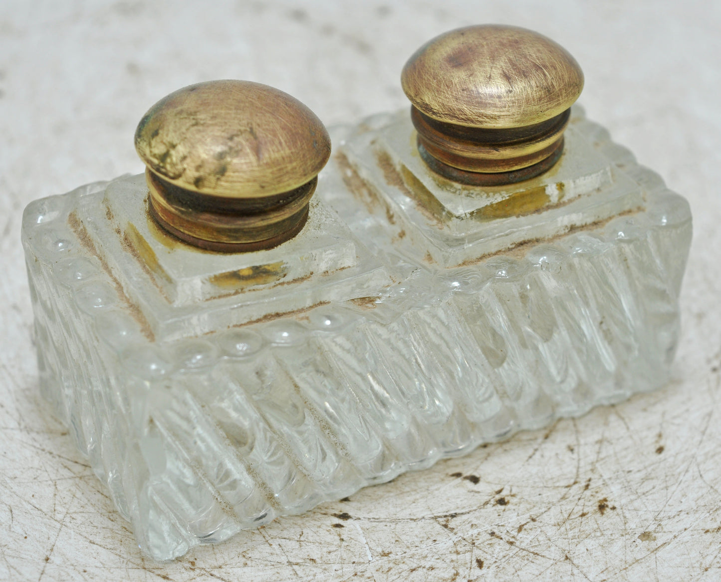 Antique Glass Double Ink Well Pot Original Old Hand Crafted Brass Cup