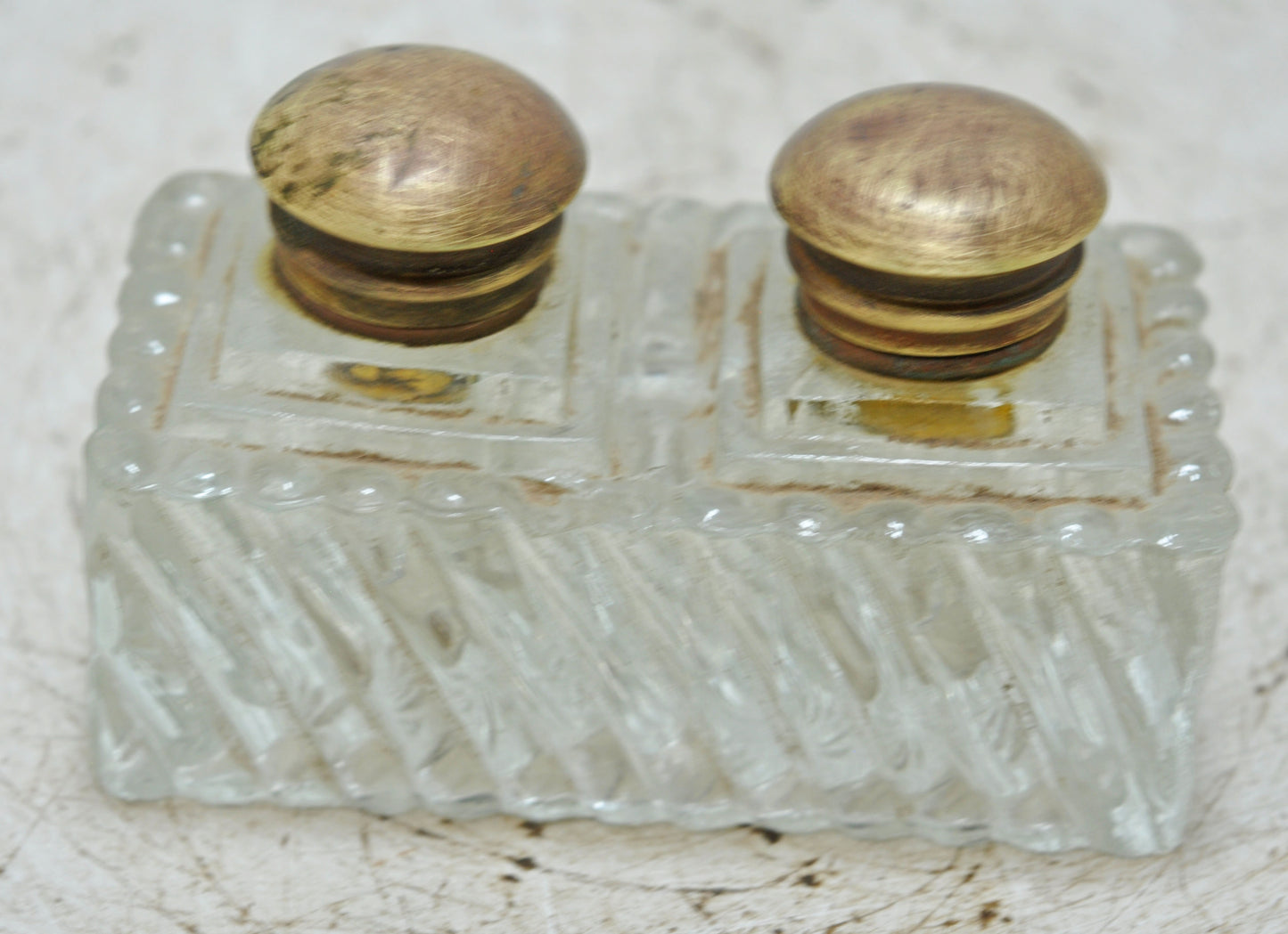 Antique Glass Double Ink Well Pot Original Old Hand Crafted Brass Cup