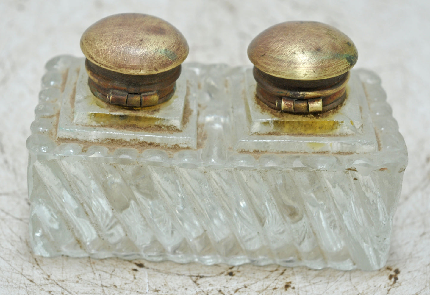 Antique Glass Double Ink Well Pot Original Old Hand Crafted Brass Cup