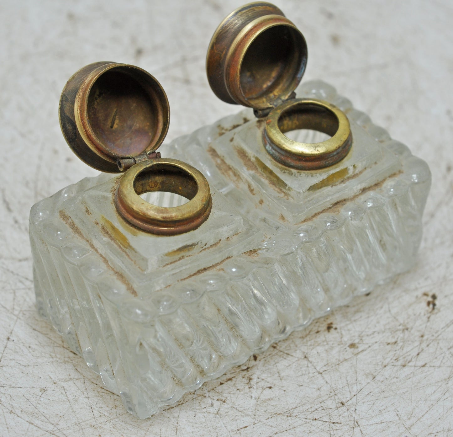 Antique Glass Double Ink Well Pot Original Old Hand Crafted Brass Cup