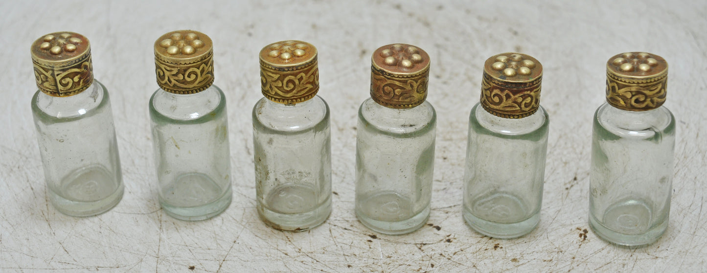 Lot of 6 Antique Glass Perfume Bottles Original Old Hand Crafted Brass Caps