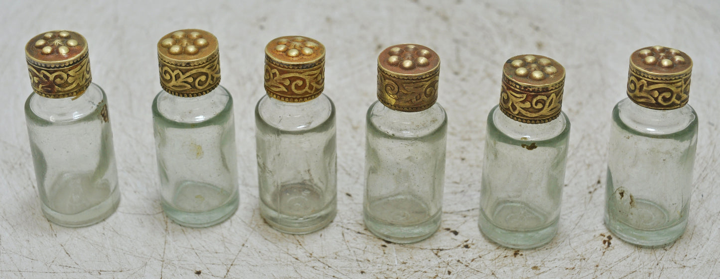 Lot of 6 Antique Glass Perfume Bottles Original Old Hand Crafted Brass Caps