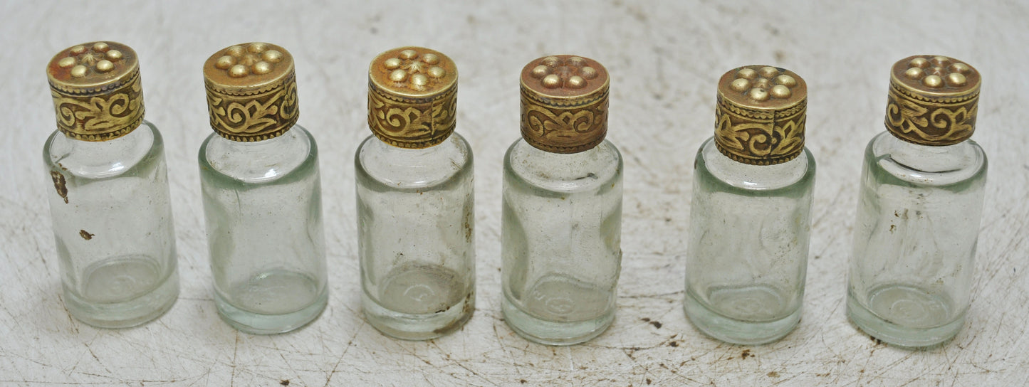 Lot of 6 Antique Glass Perfume Bottles Original Old Hand Crafted Brass Caps