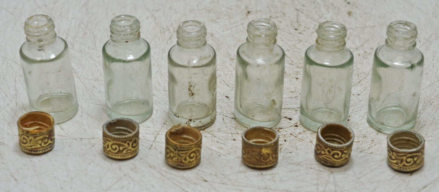 Lot of 6 Antique Glass Perfume Bottles Original Old Hand Crafted Brass Caps