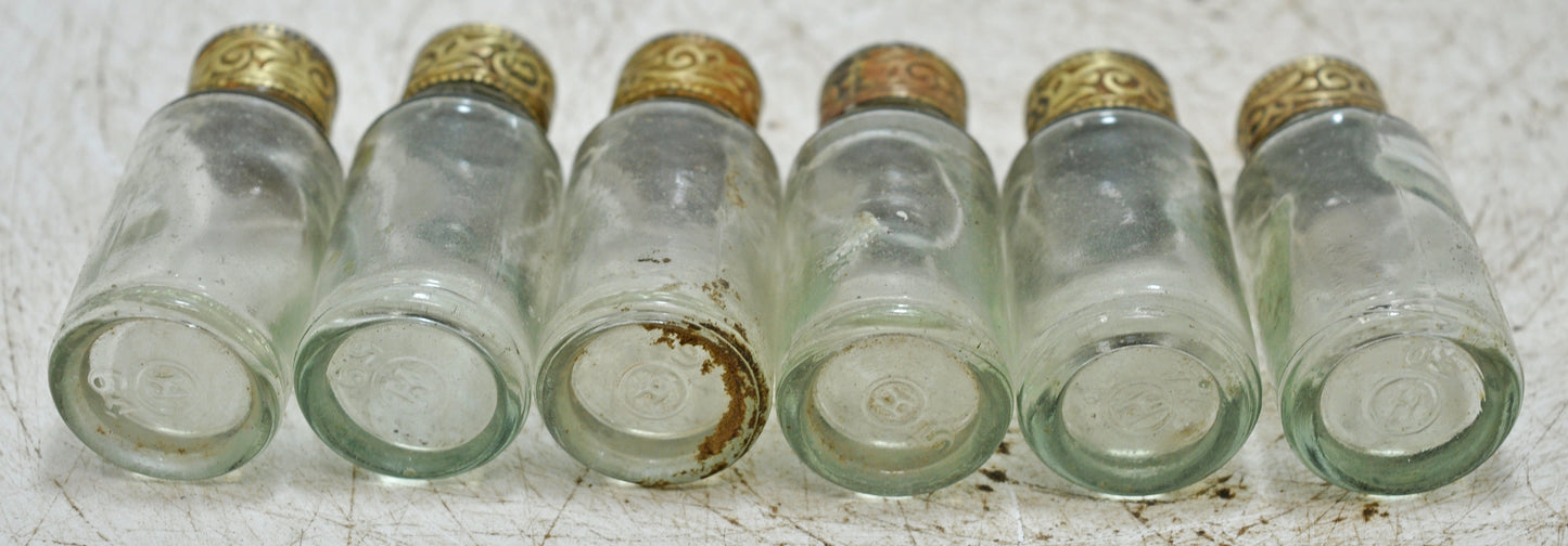 Lot of 6 Antique Glass Perfume Bottles Original Old Hand Crafted Brass Caps
