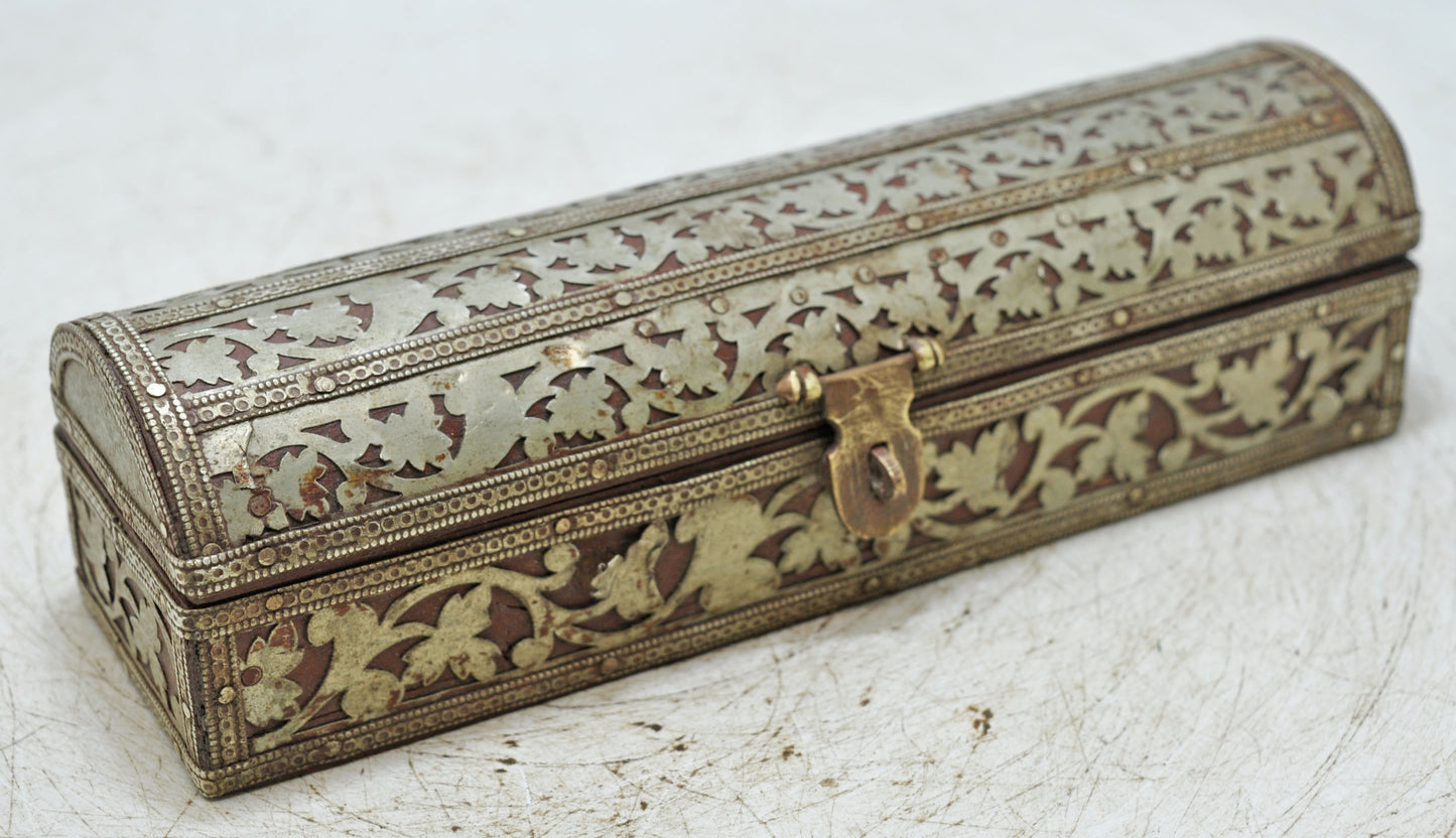 Vintage Wooden Half Round Pencil Stationary Box Original Old White Metal Fitted