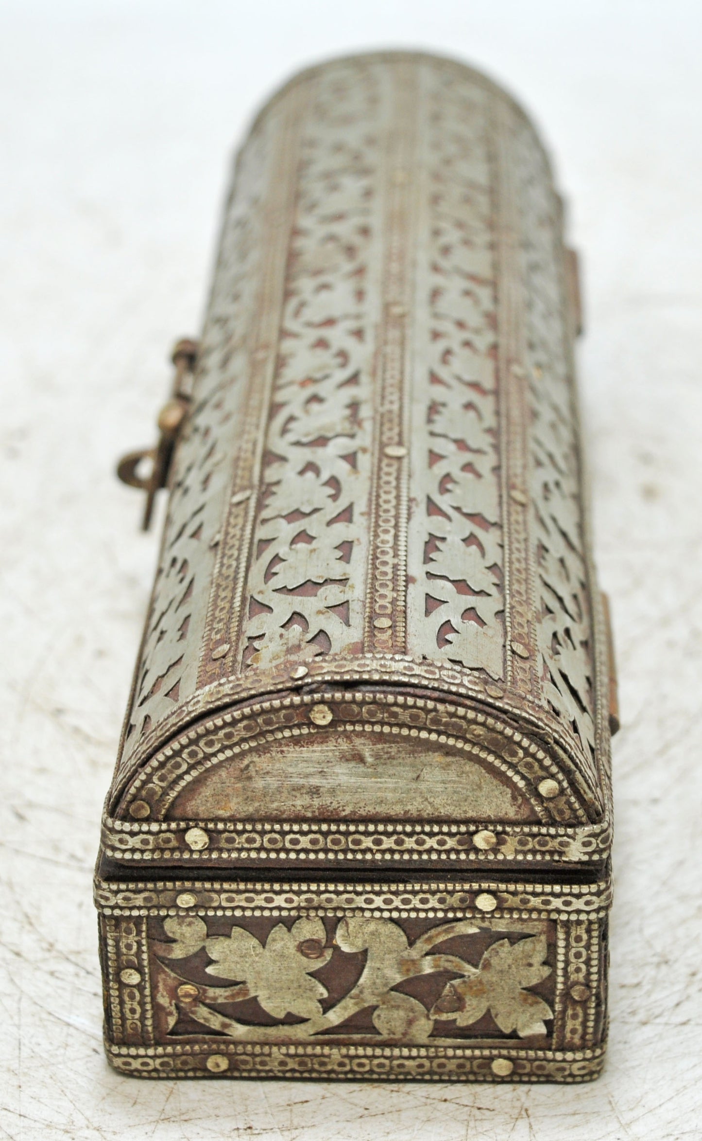 Vintage Wooden Half Round Pencil Stationary Box Original Old White Metal Fitted