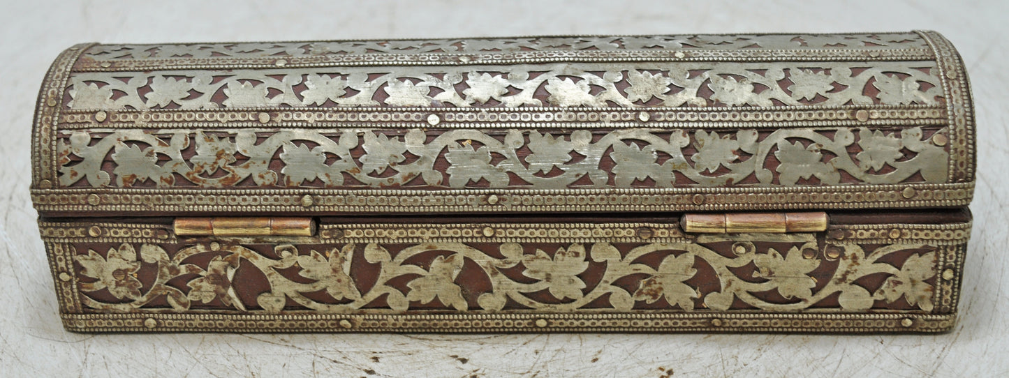 Vintage Wooden Half Round Pencil Stationary Box Original Old White Metal Fitted