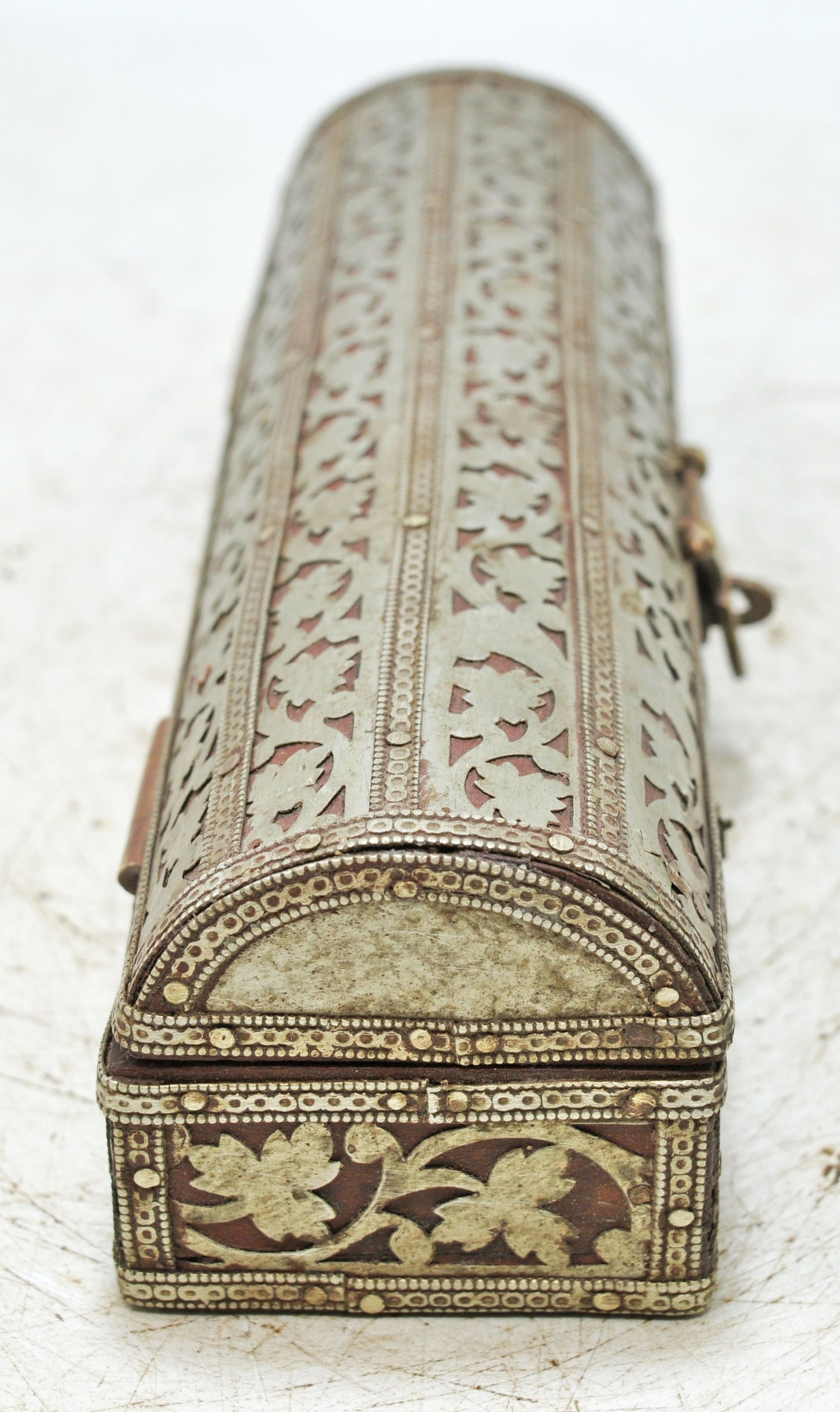 Vintage Wooden Half Round Pencil Stationary Box Original Old White Metal Fitted