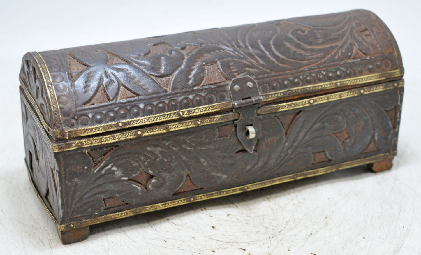 Vintage Wooden Half Round Pencil Stationary Box Original Old Fine Metal Fitted