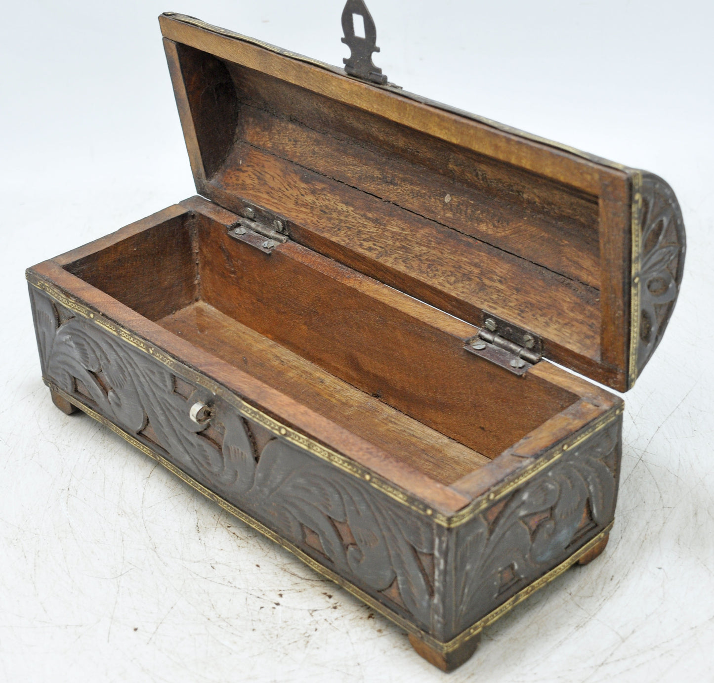 Vintage Wooden Half Round Pencil Stationary Box Original Old Fine Metal Fitted