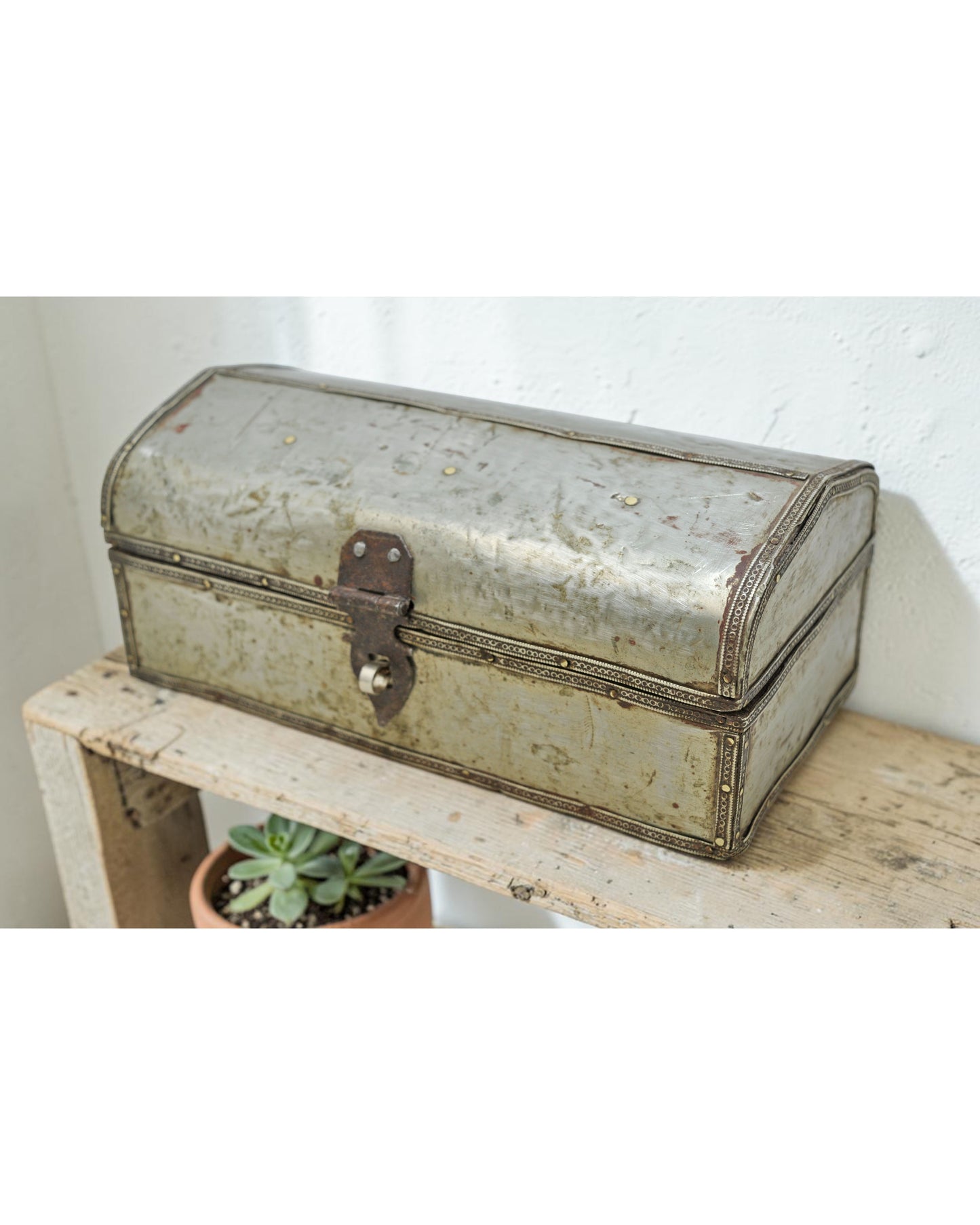 Vintage Wooden Storage Box Original Old Hand Crafted White Metal Fitted