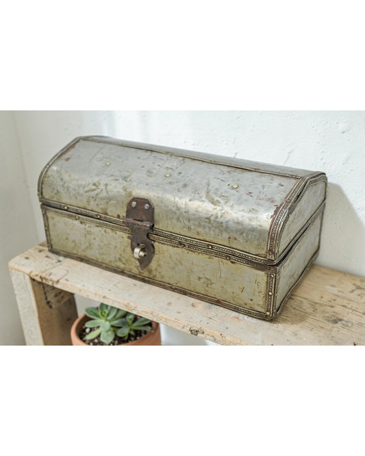 Vintage Wooden Storage Box Original Old Hand Crafted White Metal Fitted