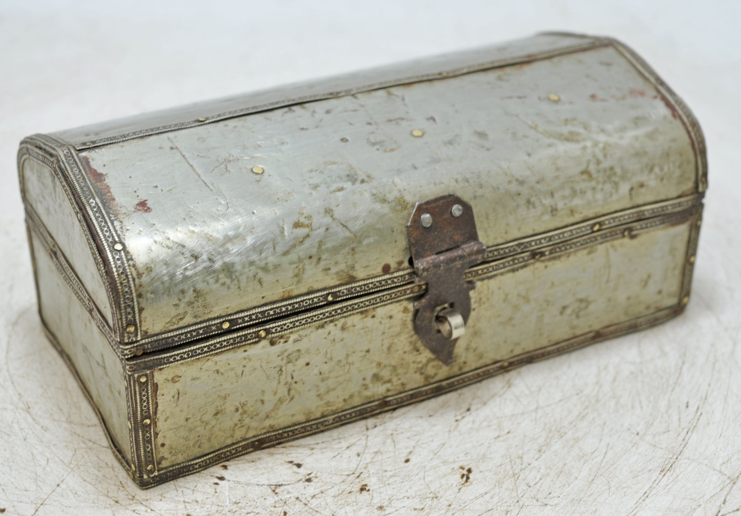 Vintage Wooden Storage Box Original Old Hand Crafted White Metal Fitted