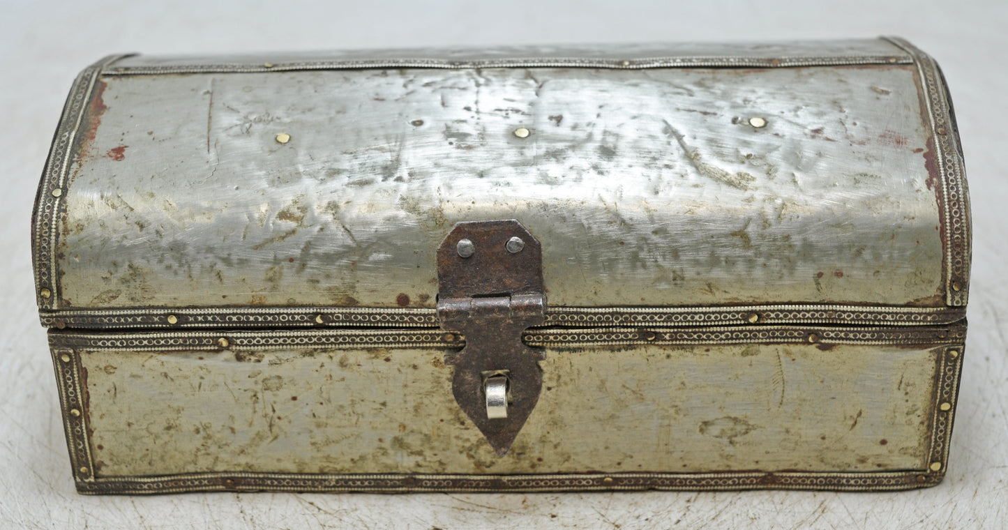 Vintage Wooden Storage Box Original Old Hand Crafted White Metal Fitted
