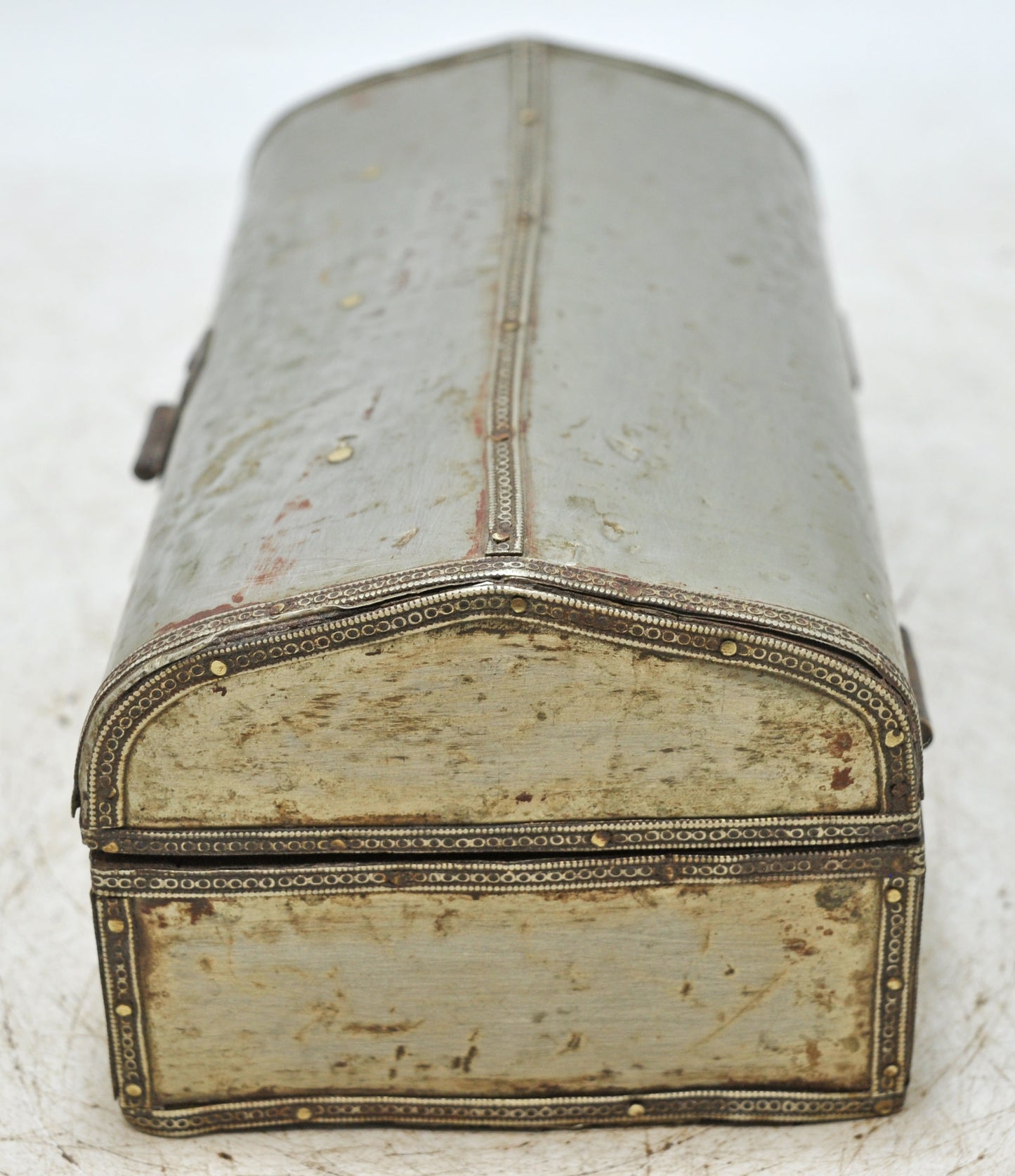 Vintage Wooden Storage Box Original Old Hand Crafted White Metal Fitted