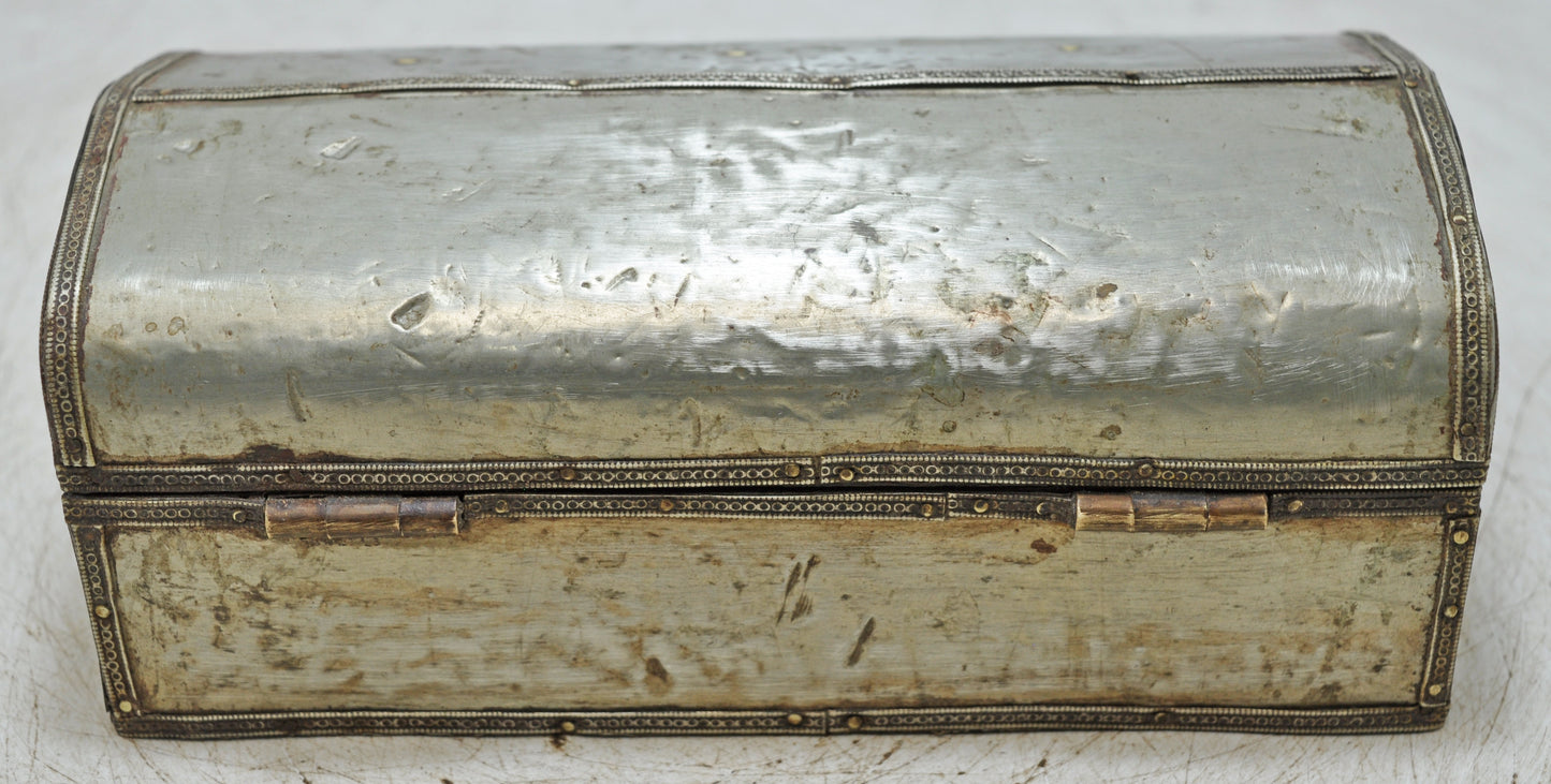 Vintage Wooden Storage Box Original Old Hand Crafted White Metal Fitted