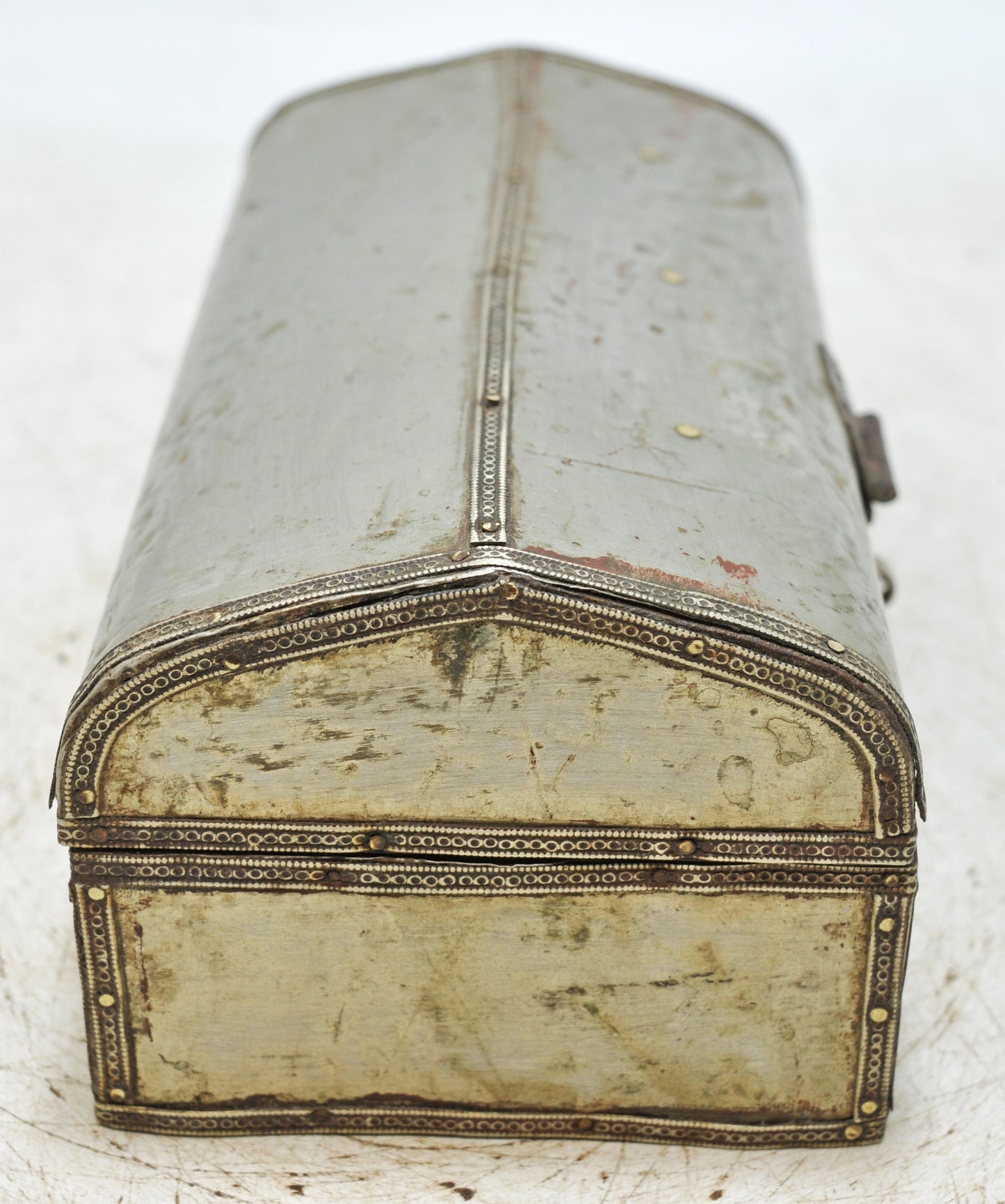 Vintage Wooden Storage Box Original Old Hand Crafted White Metal Fitted