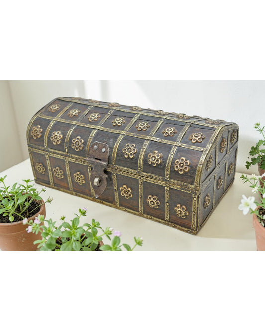 Vintage Wooden Storage Box Original Old Hand Crafted Brass Fitted