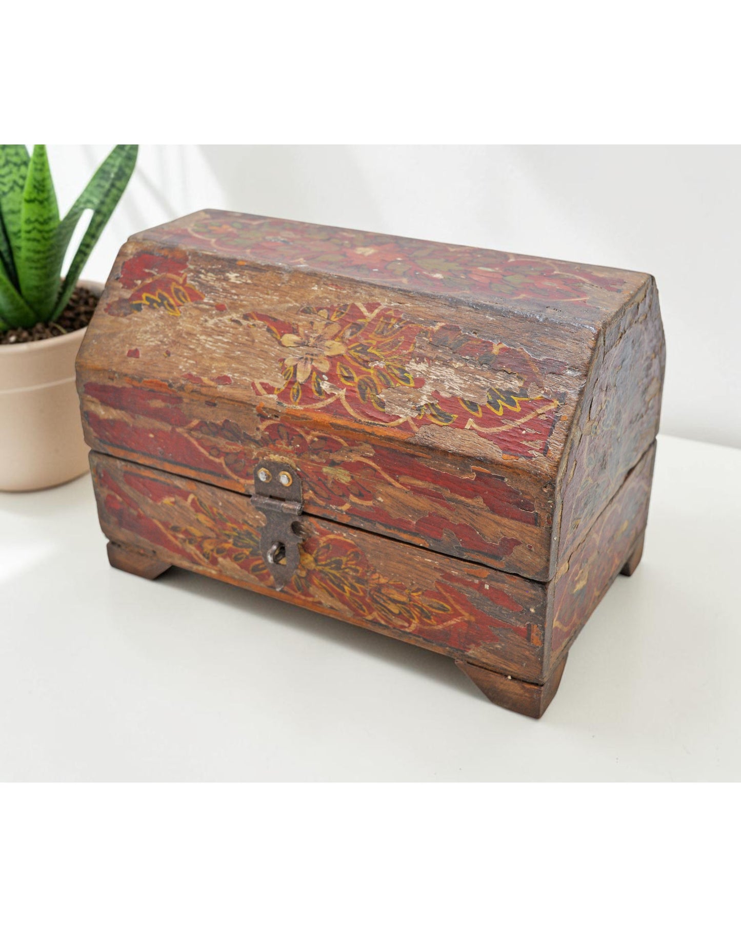 Antique Wooden Storage Chest Box Dome Shaped Original Fine Hand Painted