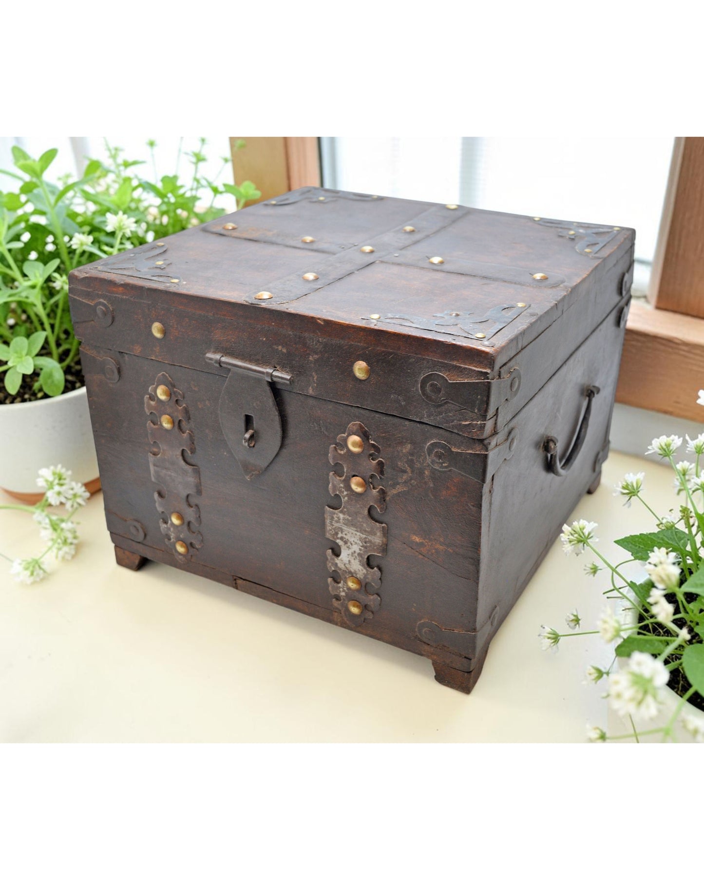 Vintage Wooden Square Storage Chest Box Original Old Hand Crafted Metal Fitted