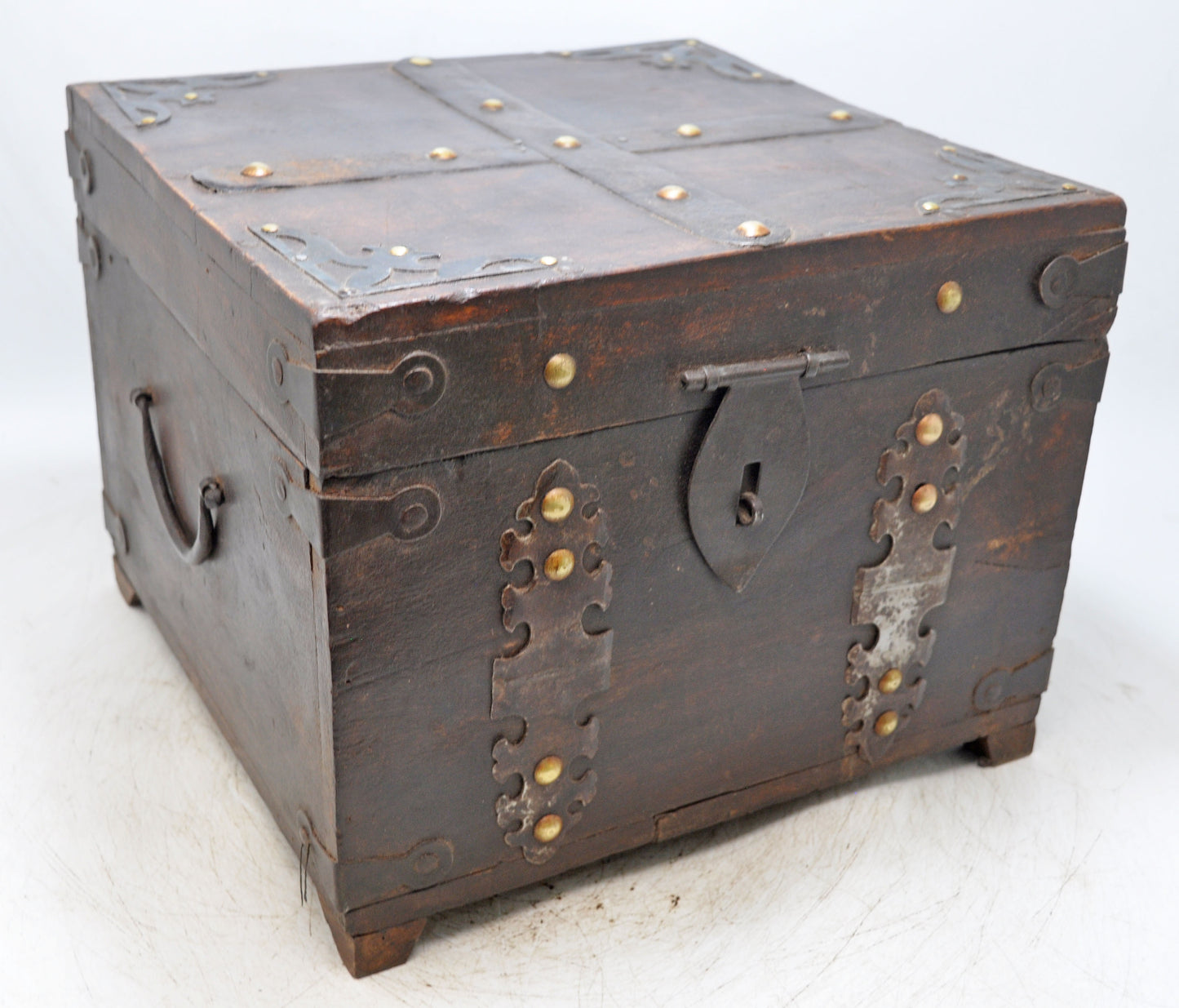 Vintage Wooden Square Storage Chest Box Original Old Hand Crafted Metal Fitted