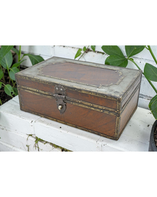 Vintage Wooden Storage Box Original Old Hand Crafted White Metal Fitted