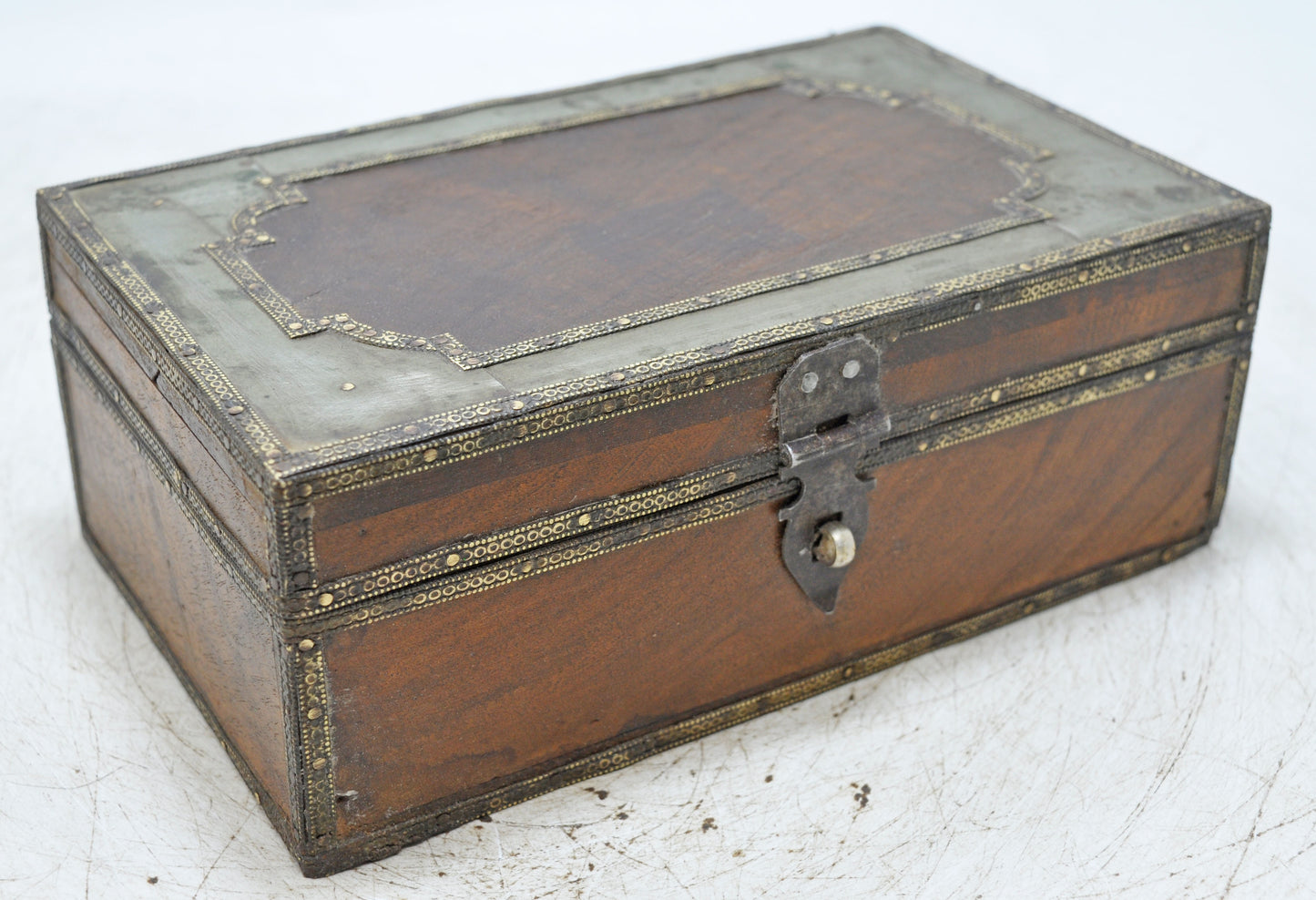 Vintage Wooden Storage Box Original Old Hand Crafted White Metal Fitted