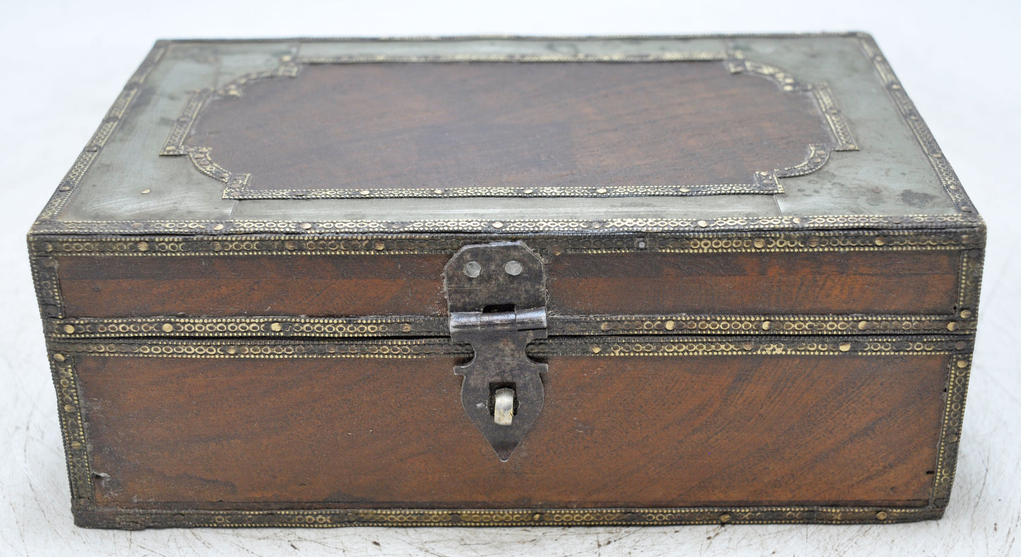Vintage Wooden Storage Box Original Old Hand Crafted White Metal Fitted
