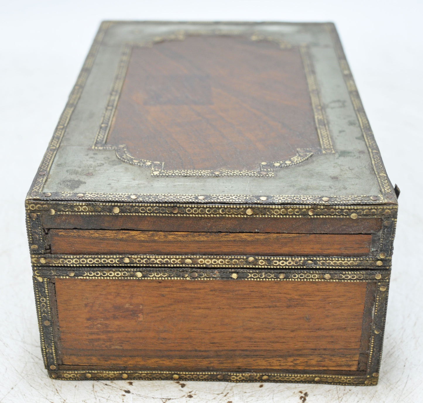 Vintage Wooden Storage Box Original Old Hand Crafted White Metal Fitted