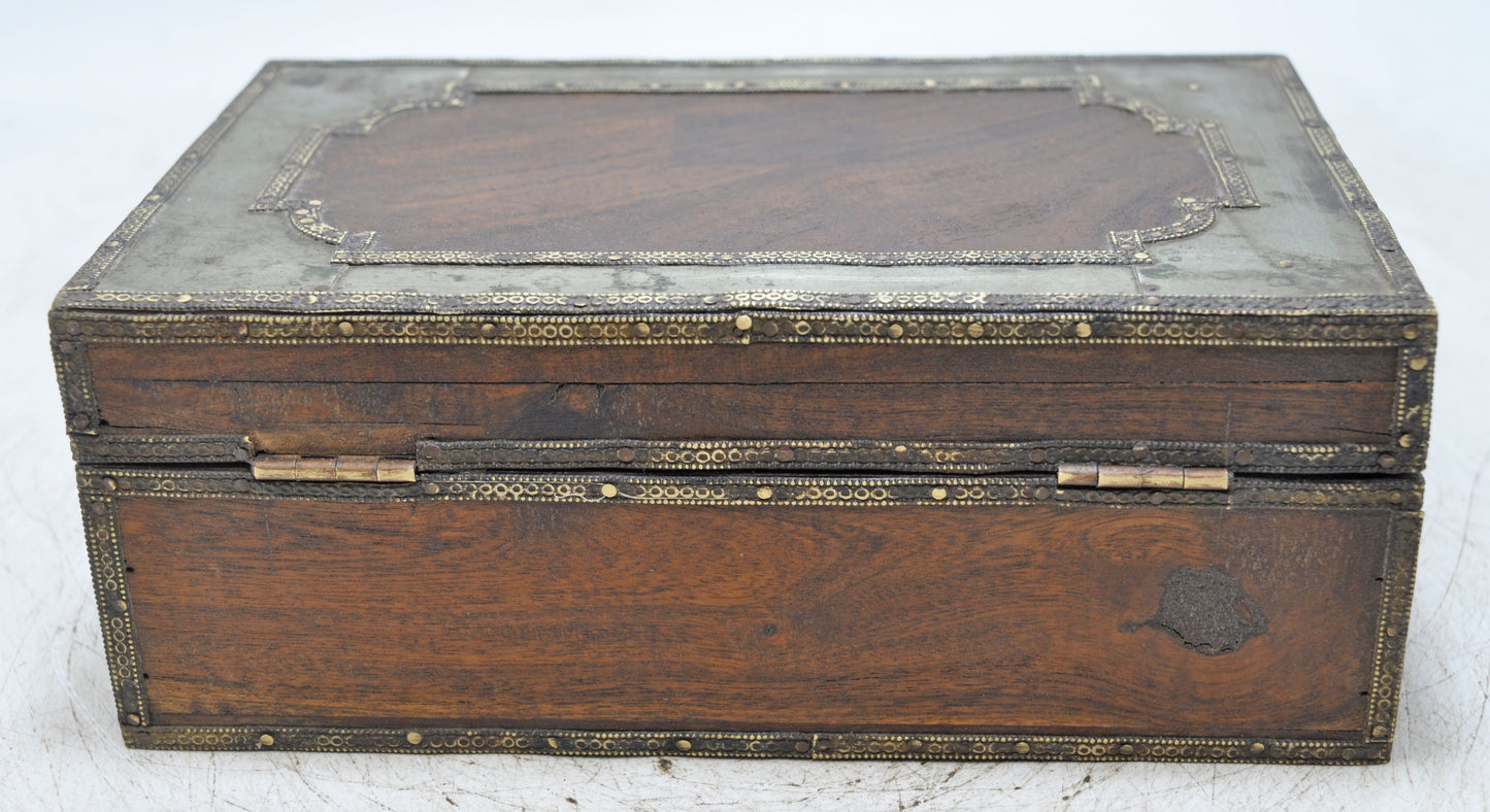 Vintage Wooden Storage Box Original Old Hand Crafted White Metal Fitted