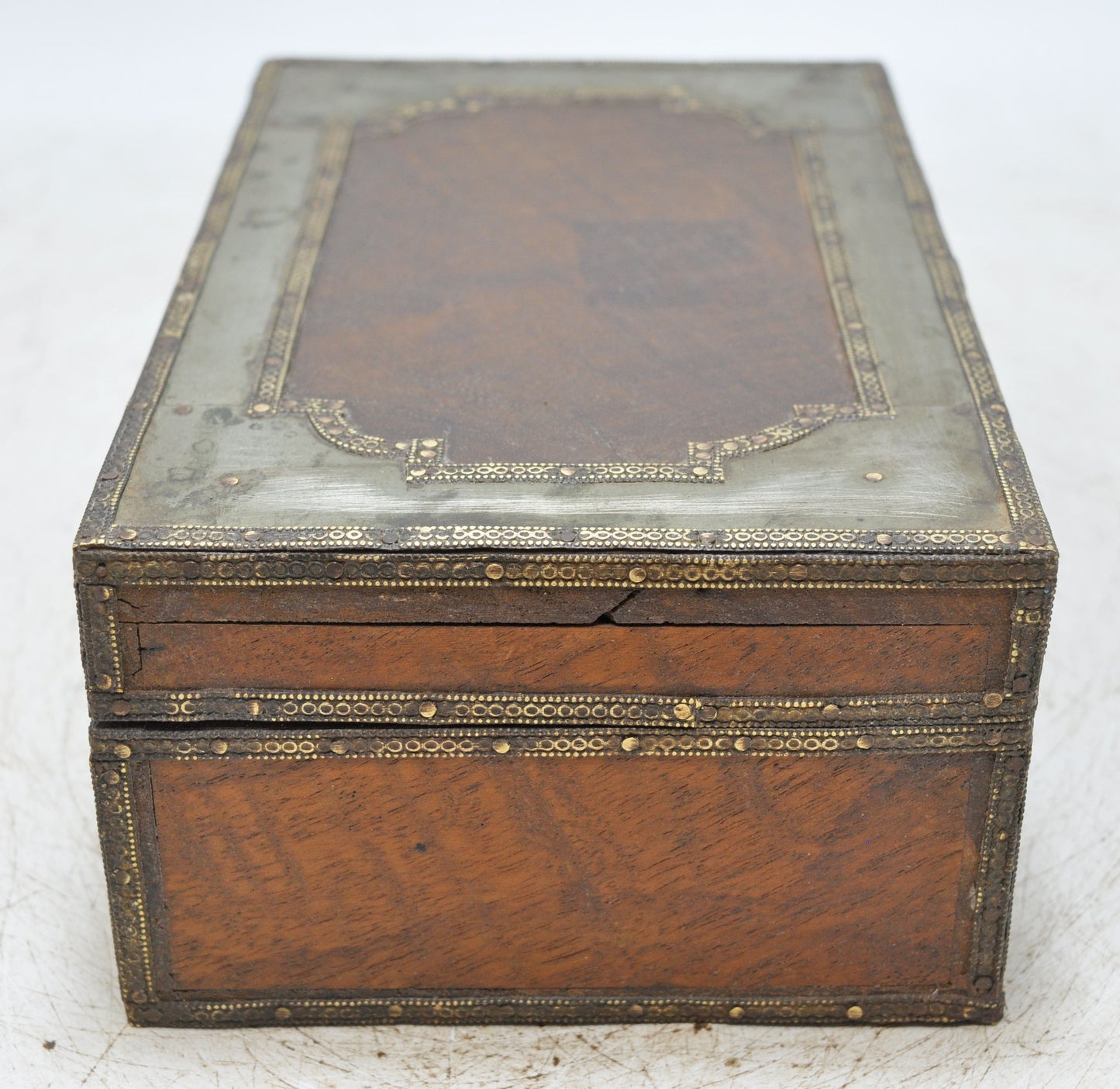 Vintage Wooden Storage Box Original Old Hand Crafted White Metal Fitted