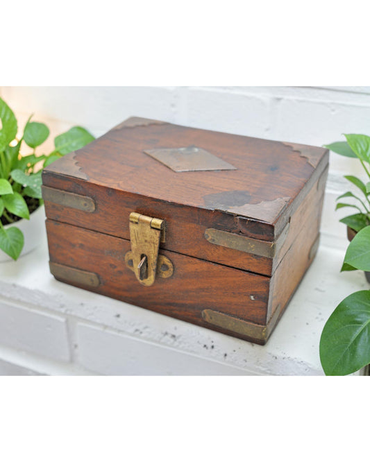 Vintage Wooden Small Storage Box Original Old Hand Crafted Brass Fitted