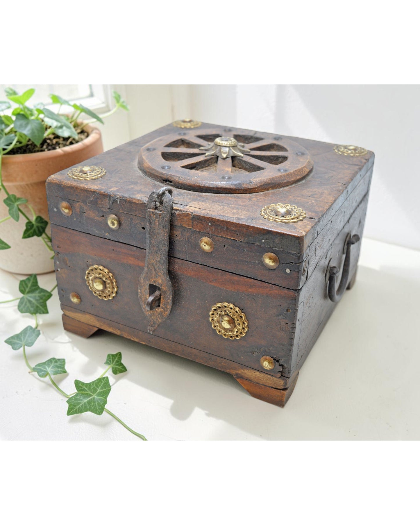 Vintage Wooden Square Storage Box Original Old Hand Crafted Brass Fitted