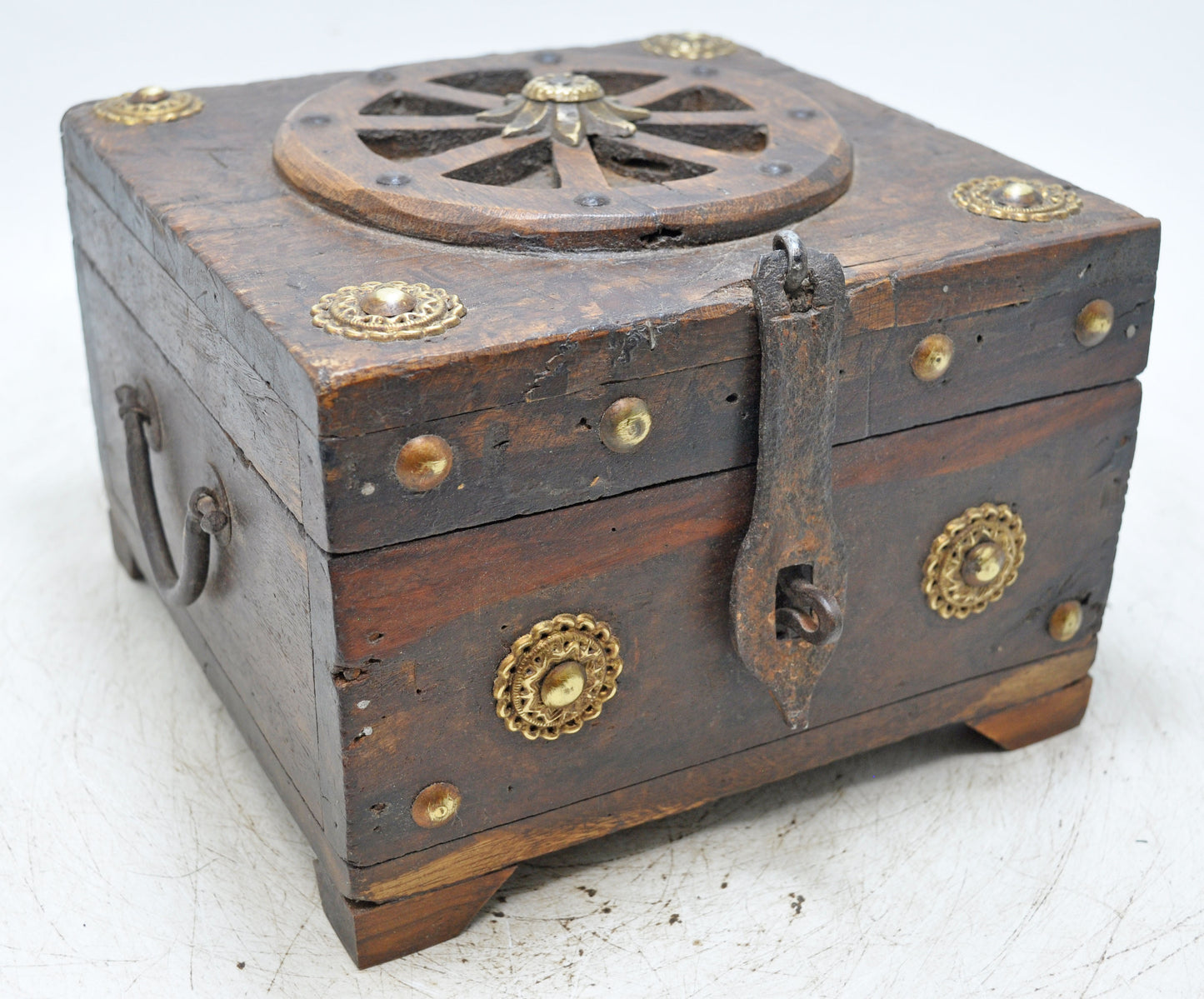 Vintage Wooden Square Storage Box Original Old Hand Crafted Brass Fitted